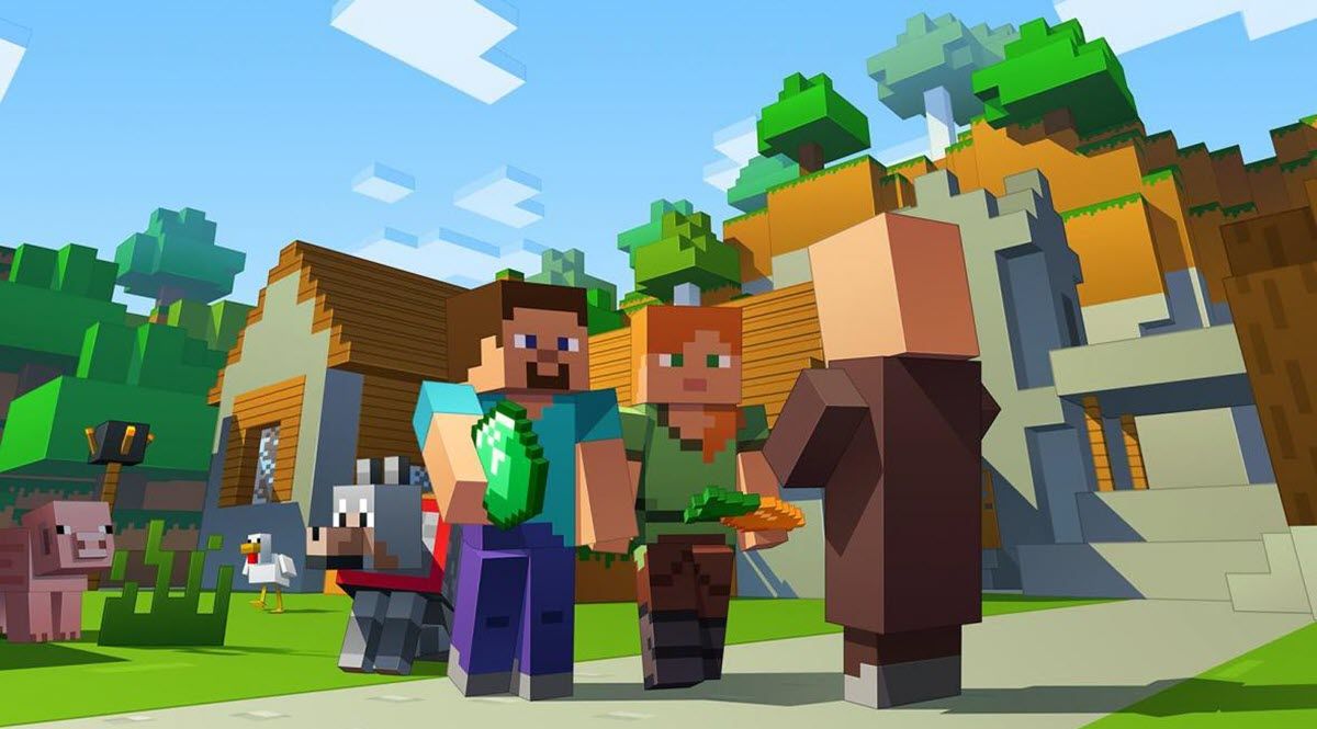 Steve, Alex et un villageois dans Minecraft